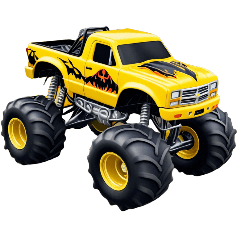 Maximum Destruction - Monster Jam (Model Year: 2021) (Iconic colour: Yellow with black flames) - A ferocious monster truck featuring a vivid yellow base accented by dramatic black flame patterns. Emphasize sharp, high-contrast flame streaks across the body, creating a look of aggressive, explosive energy. emoji