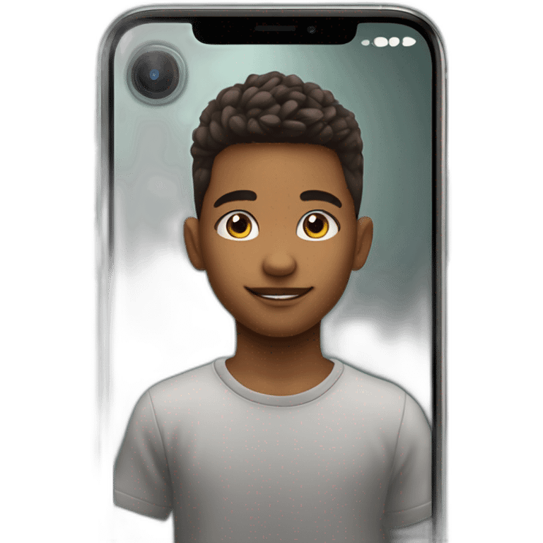 Boy 11 years making photo in mirror on iPhone 15 pro emoji