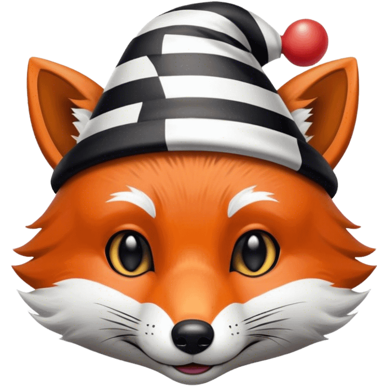 Renard fou avec des rayures noires et blanches portant un minuscule chapeau de clown sur la tête emoji