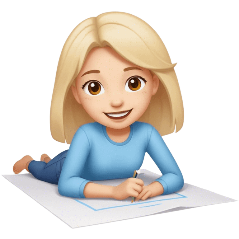 cheerful girl draws on a sheet of paper on the ground emoji