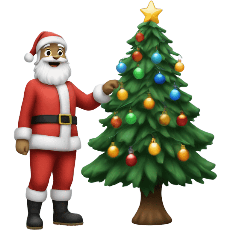 santa claus standing next to a christmas tree with christmas lights on it emoji