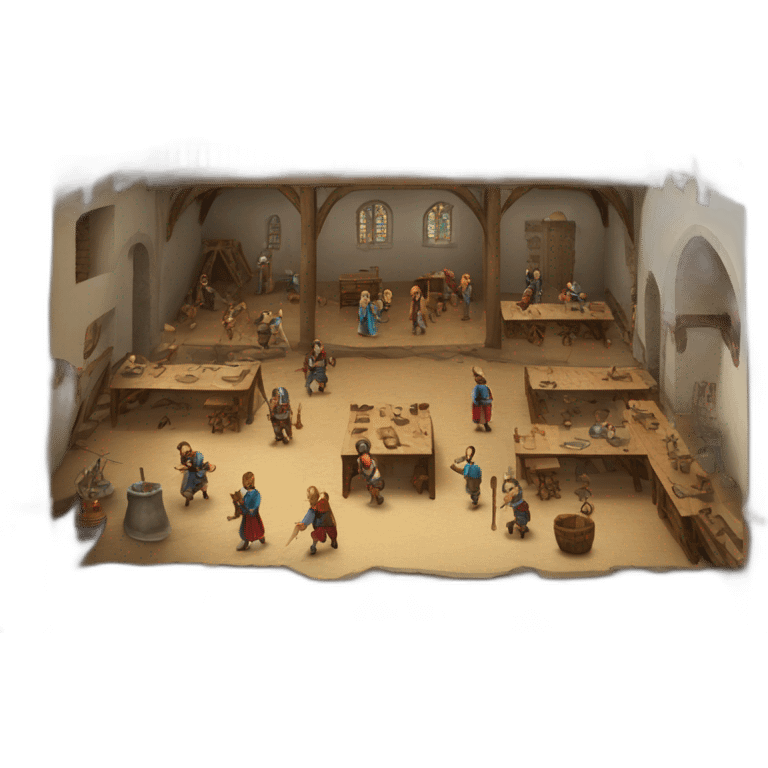 open floor plan of a medieval mint showing different people working emoji