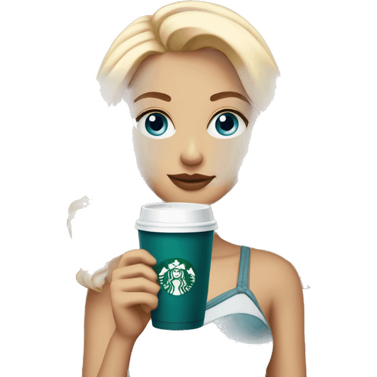 blonde girl blue eyes with Starbucks cup drink emoji