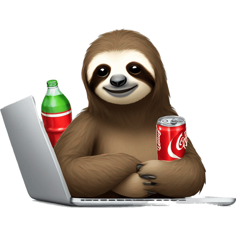 tired sloth with coca cola can and laptop emoji