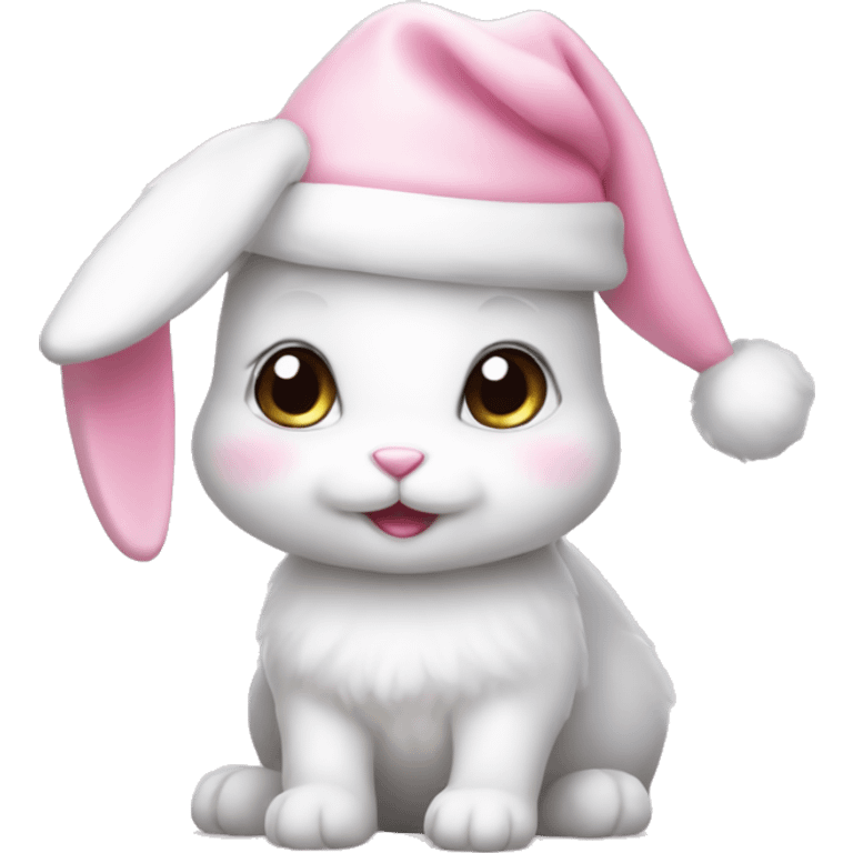 A white little cute bunny wearing a little cute pastel pink Christmas hat emoji