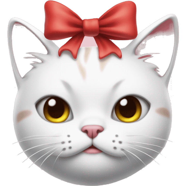 A white cartoon cat with a red bow on its left ear, looking unwell., disgusting a pink liquid emoji