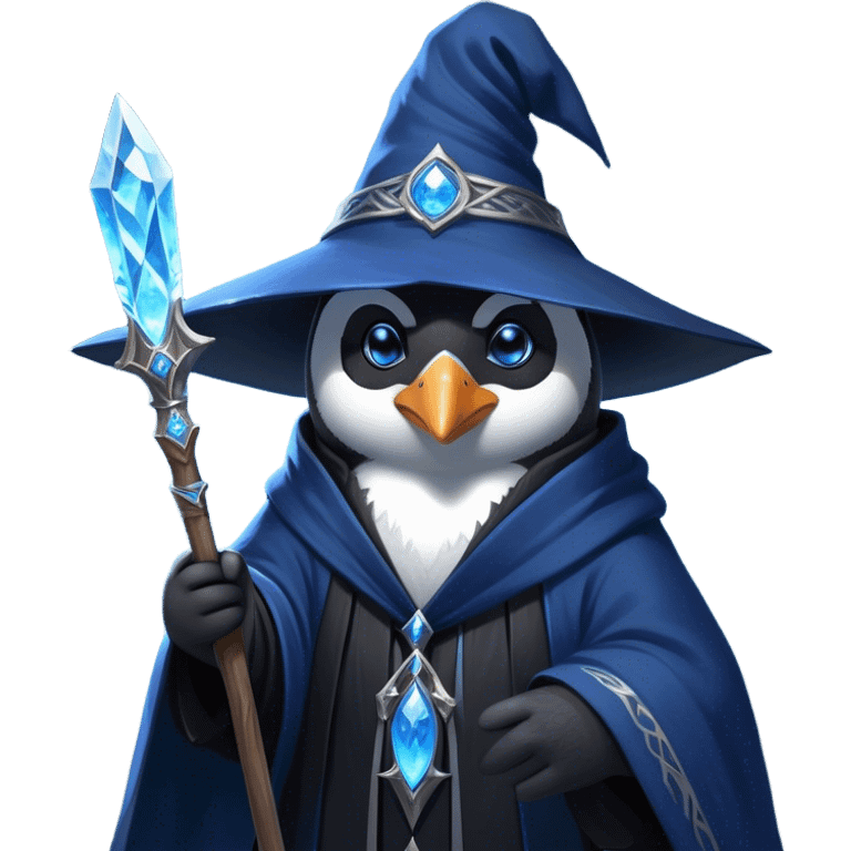 A mysterious penguin mage with sleek midnight-blue feathers, wearing a flowing black robe adorned with silver runes. A tall, pointed wizard hat sits slightly tilted on his head, the brim casting a shadow over his glowing icy-blue eyes. His flipper clutches an ancient wooden staff topped with a swirling crystal, radiating a soft, cold light. Snowflakes drift around him as he stands on a frozen cliff, his aura crackling with arcane energy, ready to summon a blizzard with a flick of his staff. emoji