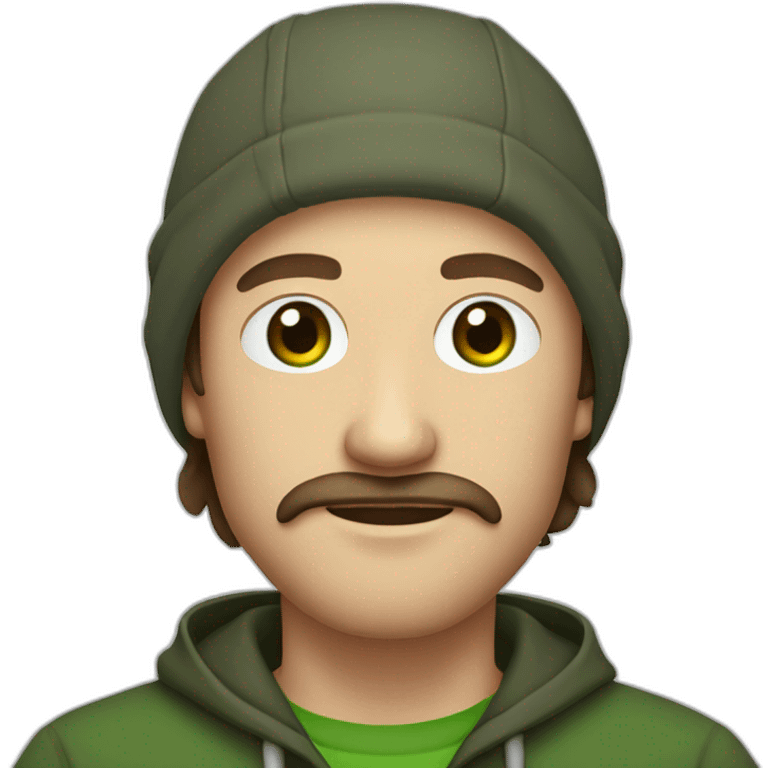 it nerd in hoodie with fisherman beanie and mustache and beard brown hair and green eye emoji