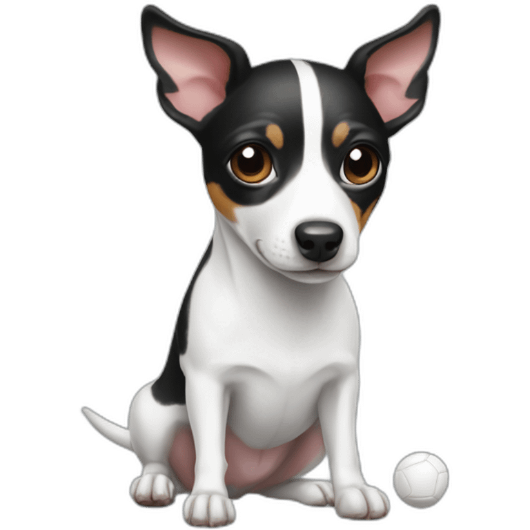 rat terrier with ball colored like a black and white cow emoji