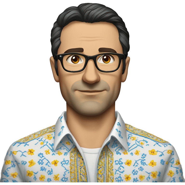 European dark-haired man in a Ukrainian embroidered shirt, glasses, no mustache emoji