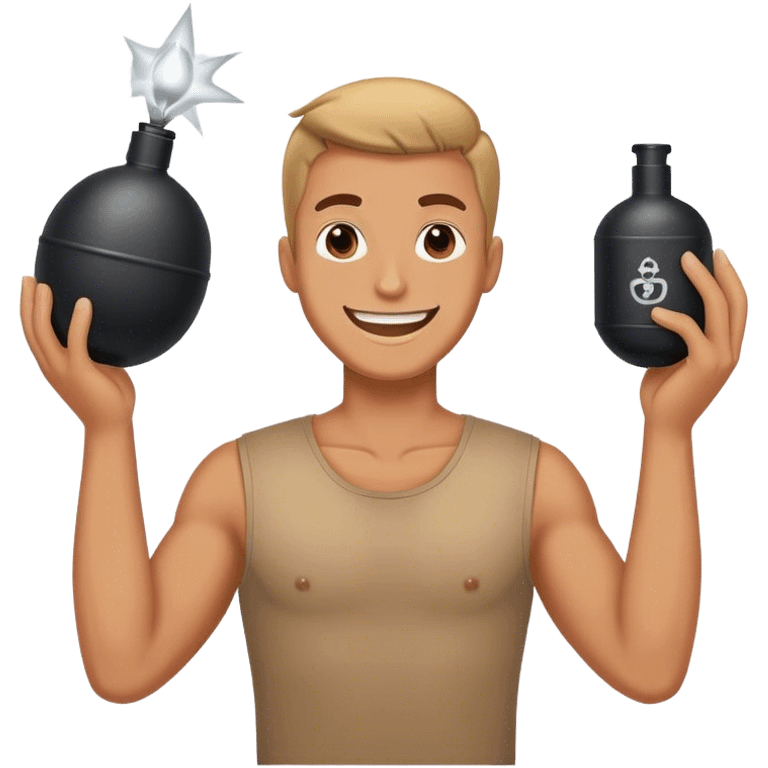 Guy holding up a fake bomb and smiling emoji