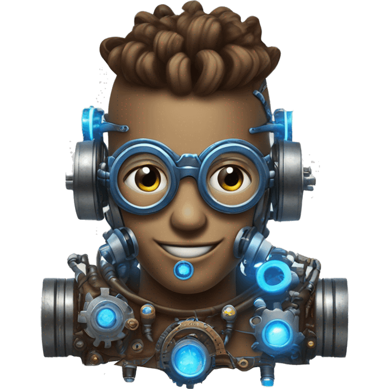 Brown cyborg head with blue Mohawk, blue beard, silver steampunk monocle goggles a smile and circuits emoji