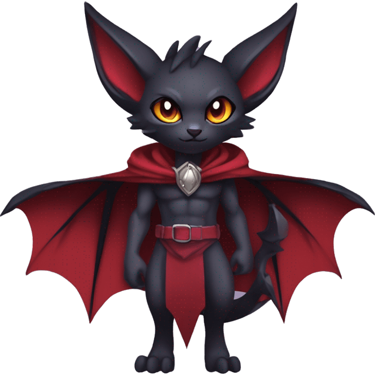  Black Red Purple Chibi Kawaii Edgy Cool Vampiric Demonic Beautiful Noivern-Nargacuga-Litten with big Bat Ears and wearing a cape and collar full body emoji