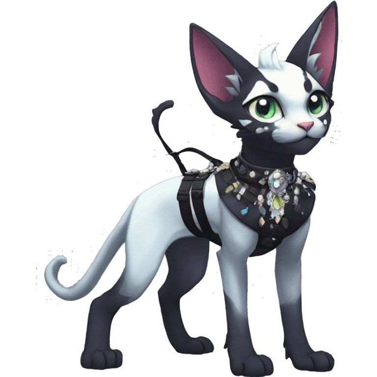 cool punk kawaii anime edgy distinguished pretty elegant beautiful fantasy black ethereal fantasy nargacuga-Noivern-sphynx-Quiana-Fakemon collar harness jewels full body emoji