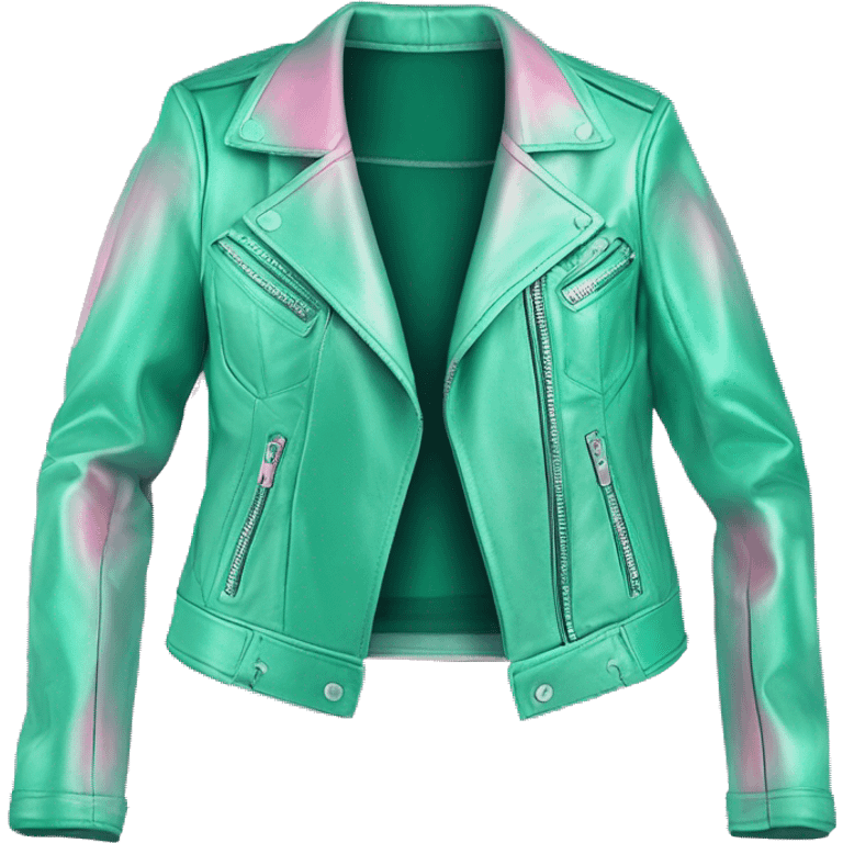 Realistic isolated metallic mint green open leather jacket with mint green,teal,and pink ombre cut out bustier underneath the jacket. emoji