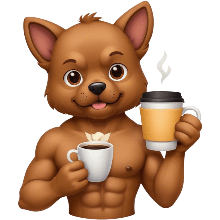 Muscular dog holding coffee emoji