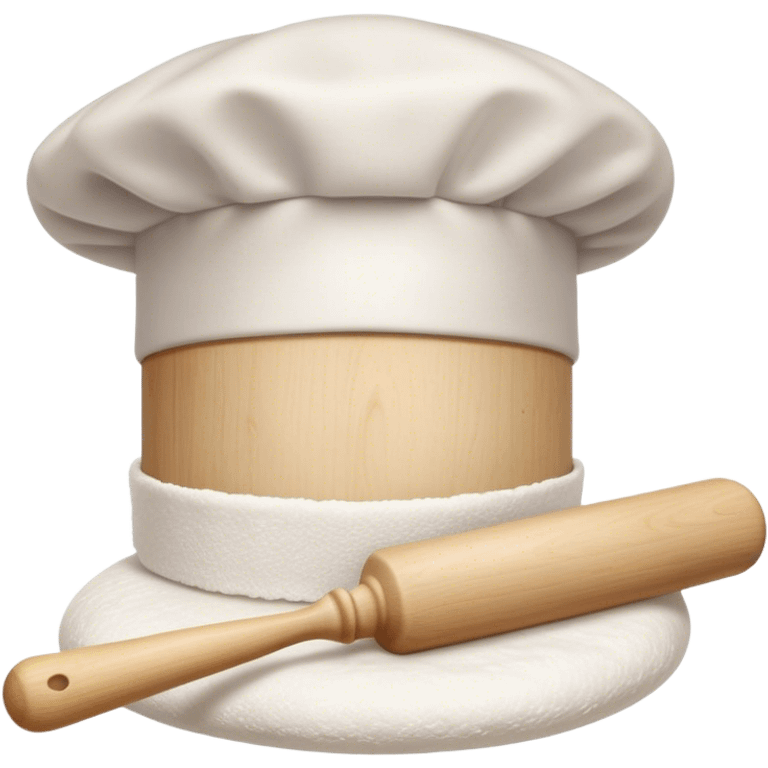 Cinematic Realistic Chef Hat & Rolling Pin, crisp white cotton hat with soft folds, resting beside a classic wooden rolling pin with smooth, polished curves, a light dusting of flour adding authenticity, warm kitchen lighting casting gentle shadows, glowing with a cozy and inviting charm. emoji