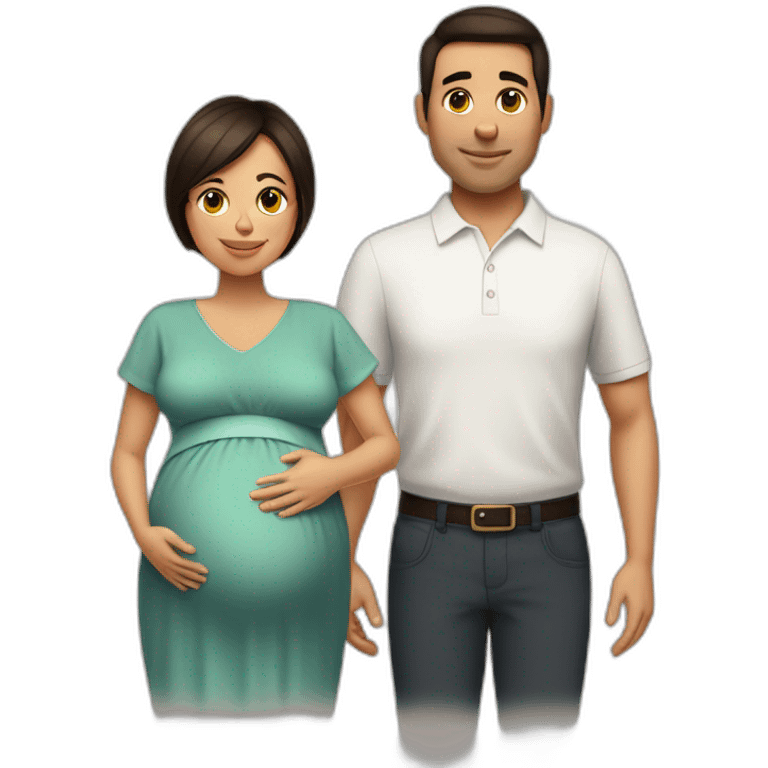 Pregnant dark brown haircut wife and clean-shaven latin husband emoji