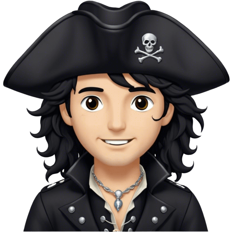 A charismatic pirate with wavy black hair tousled. His black tricorn hat, embroidered with silver. Dark eyes glint with mischief as he gazes to the side, a knowing smile on his lips. His fitted black coat, adorned with silver buttons. A silver chain dangles from his belt emoji