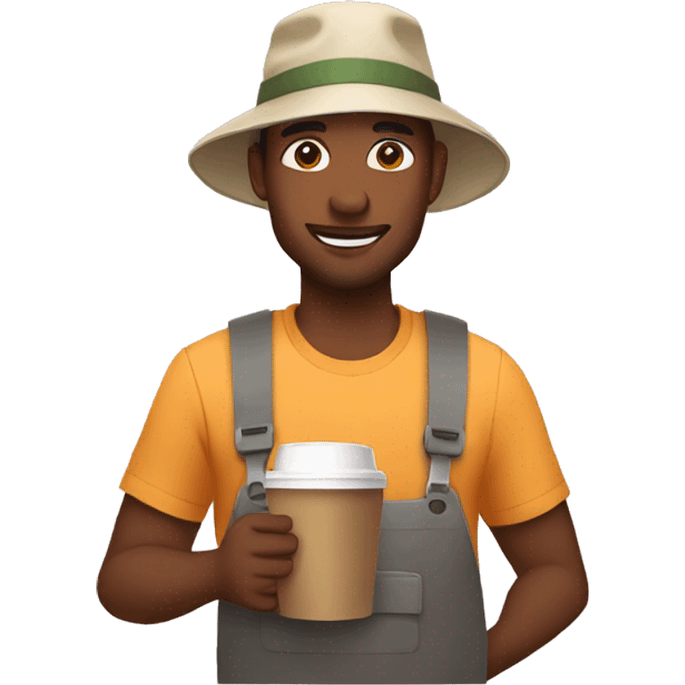 man holding two coffees wearing a bucket hat emoji