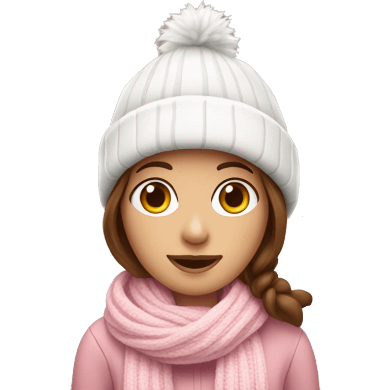 brown haired girl with white winter hat,pink sweater and a white-pink scarf emoji