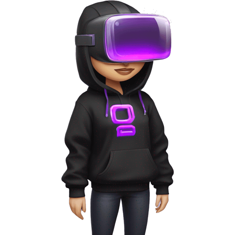 Russian girl wearing black hoody with violet letters "OMG", in vr headset. Cyberpunk style. Violet neon. emoji