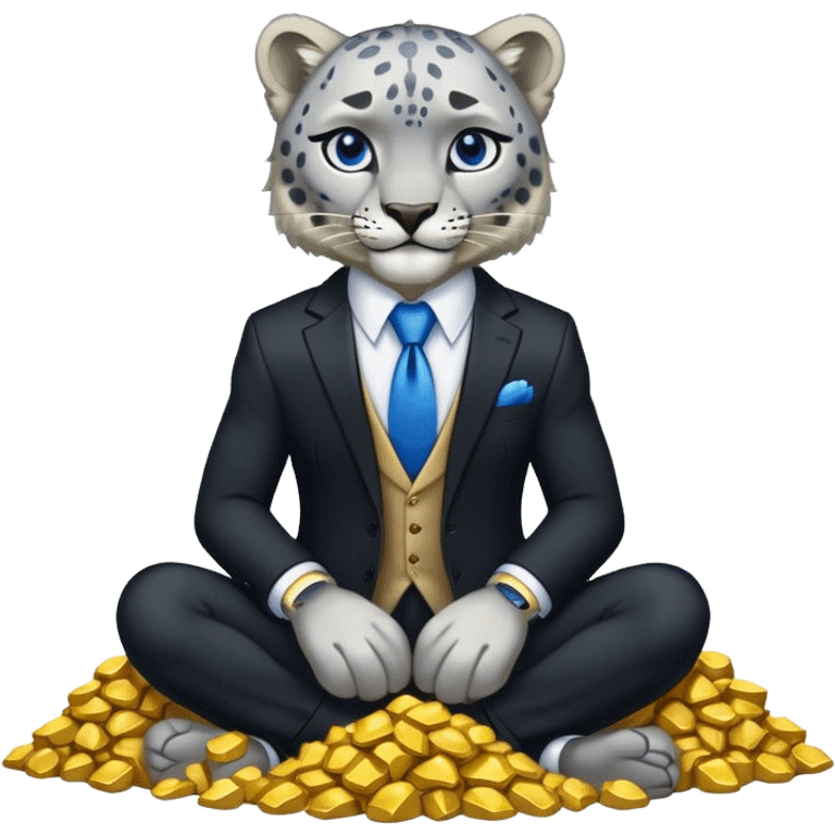 muscular snow leopard in black suit with blue tie sitting on pile of gold nuggets emoji