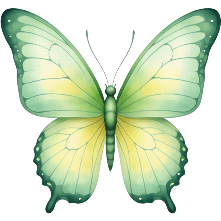 A delicate butterfly with translucent, pastel green wings, featuring subtle vein patterns and a gradient of light yellow and sage. The watercolor strokes give it a dreamy, ethereal appearance as it hovers in mid-air.
 emoji