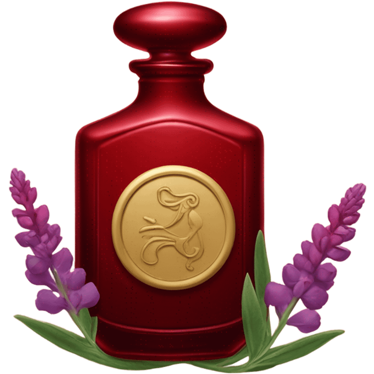 Dark red dreamy perfume bottle with red lupines and an old-fashioned letter seal emoji