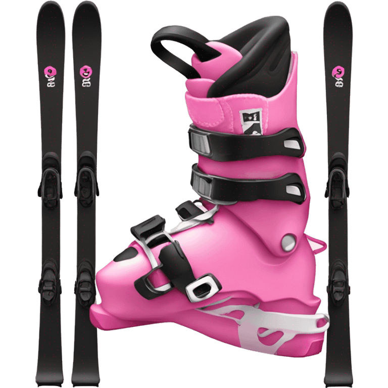 Pink ski boots and black standing skis behind boots emoji