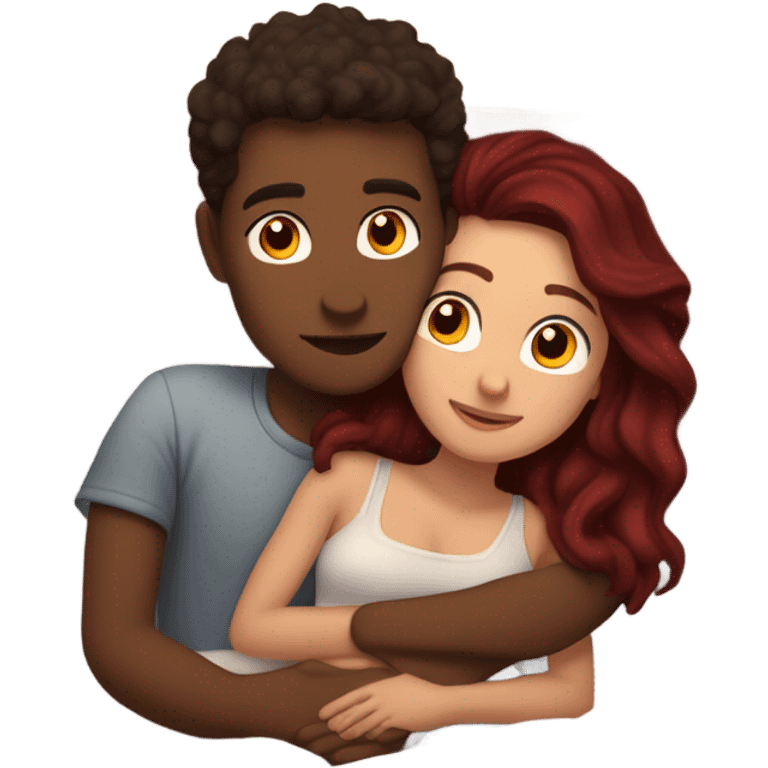 Burgundy haired girl and brunette boyfriend cuddling in bed emoji