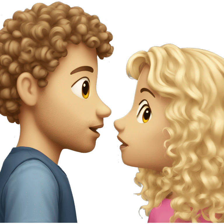 Curly brown haired girl kissing blonde haired boy emoji