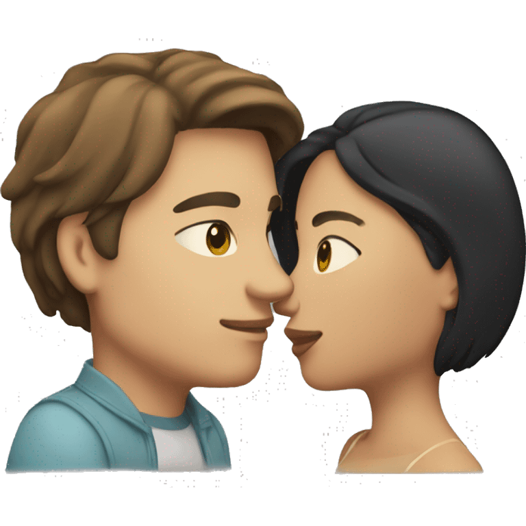 a couple kissing. The man has shoulder long brown hair and the woman has chin-length black hair. both have white skin emoji