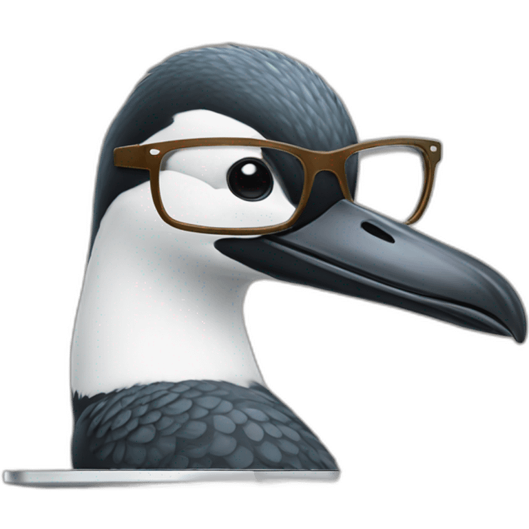 a minnesota loon coding on a macbook wearing glasses emoji