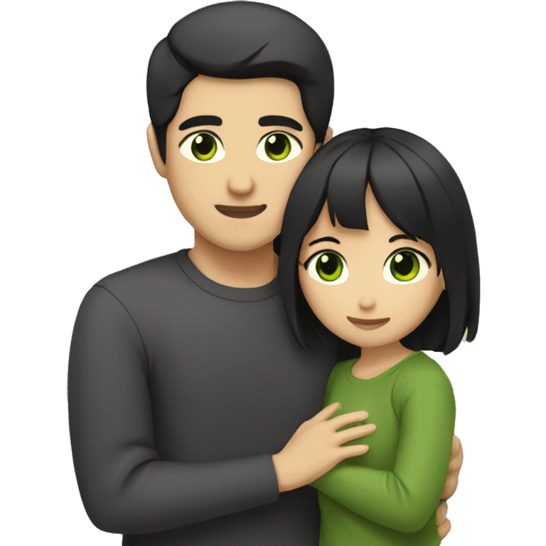 Asian man with black hair and green eyes hugging girl with a dark brown hair and eyes emoji