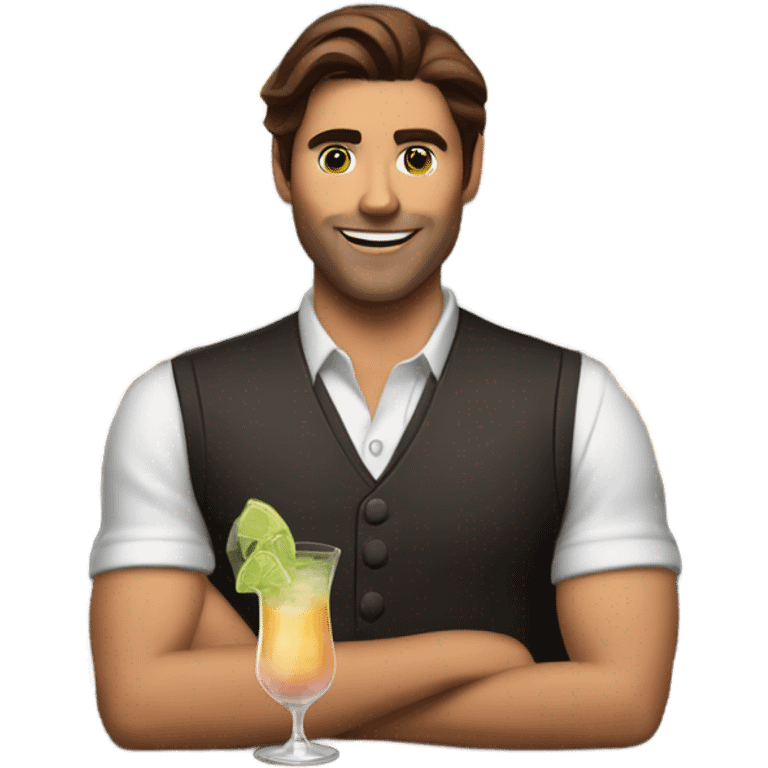 Brown haired male bartender with drinks emoji