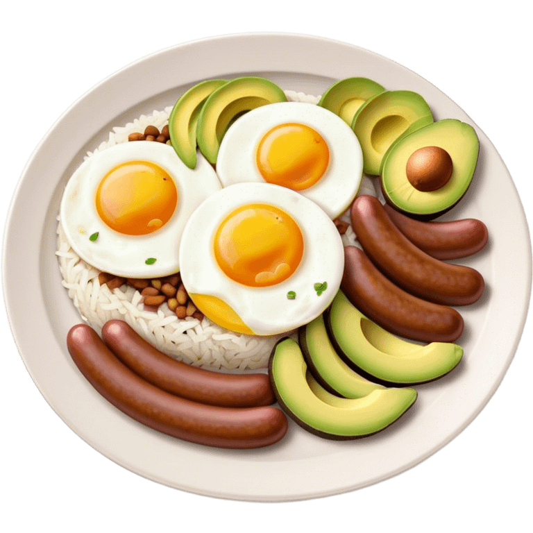 Bandeja Paisa Cinematic Realistic Bandeja Paisa Dish Emoji, depicted as a hearty platter featuring rice, beans, avocado slices, one sausage, a perfectly cooked egg, and crispy pork crackle, rendered with vivid textures and robust, inviting lighting. emoji