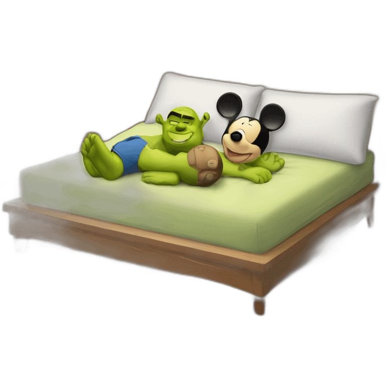 Mickey Mouse and Shrek lying in bed emoji