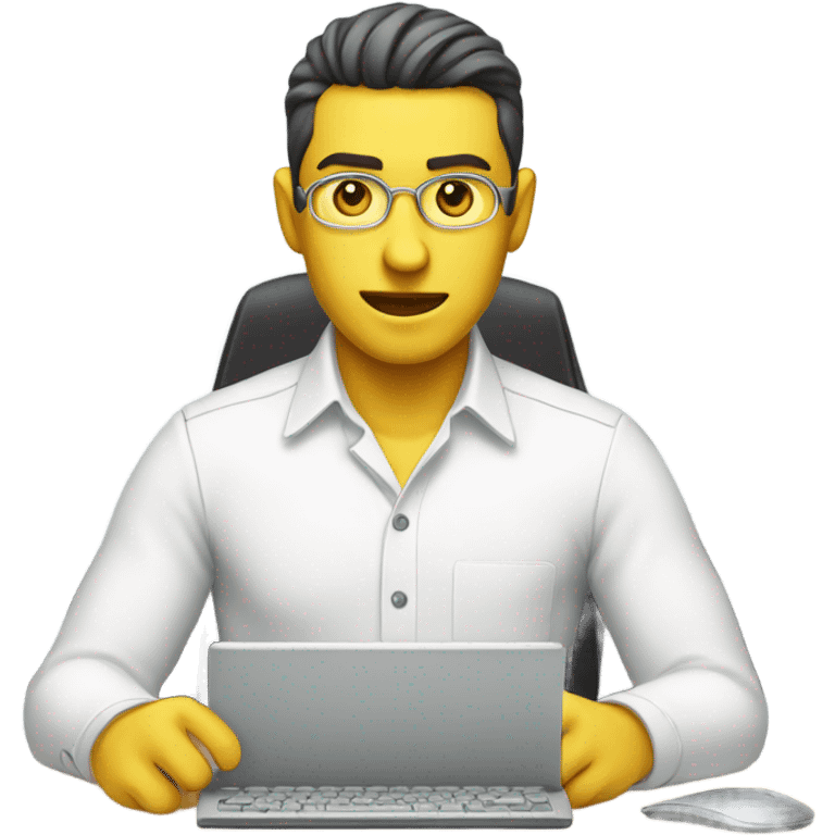 yellow skin man using white keyboard on desk wearing white button down shirt front view emoji