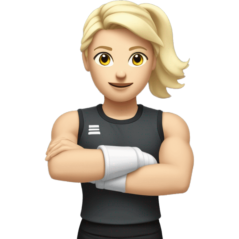 Close up Actively gesturing  with hands Pale skinned Fit woman With the biceps and blonde hair in dark gray Sleeveless Mike, black sports shorts, watch and white Sneakers emoji