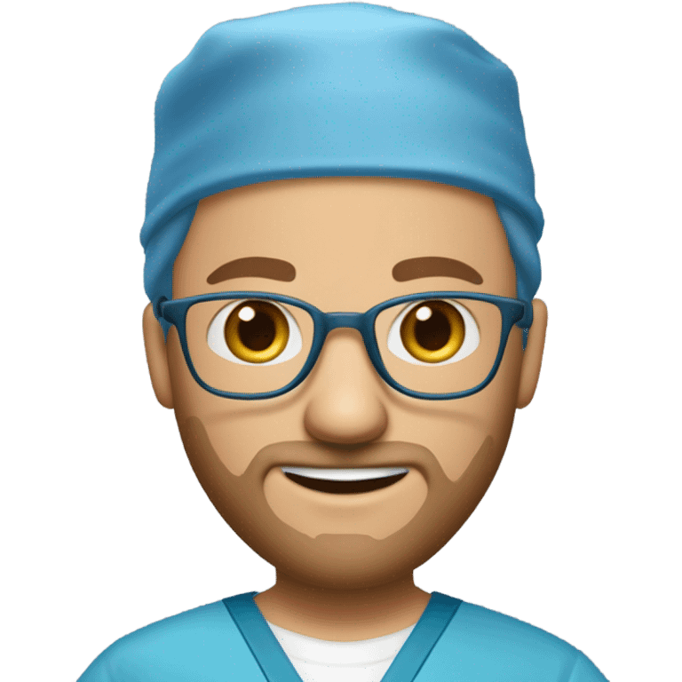 male blond doctor in scrub cap with grey van dyke beard with hazel eyes and small wire-rimmed glasses in blue scrubs holding a large paintbrush emoji