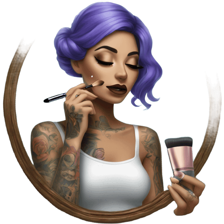 Hyper Realistic Beautiful tattooed woman applying her makeup in a mirror with lights on emoji