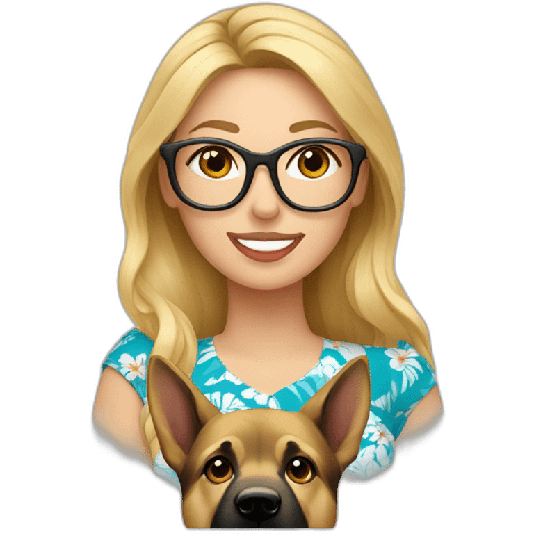 blonde caucasian woman wearing glasses in hawaiian shirt with german shepherd emoji