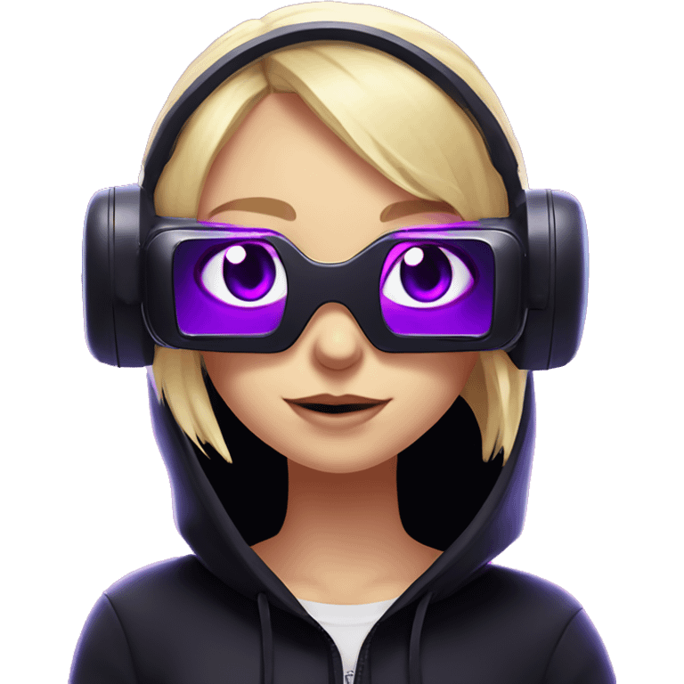 Russian cute blond girl wearing black hoody with violet letters "OMG", in vr headset. Cyberpunk style. Violet neon. emoji