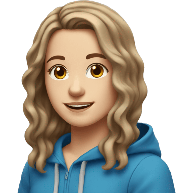 white girl with shoulder length wavy hair and brown eyes smiling in a blue hoodie emoji