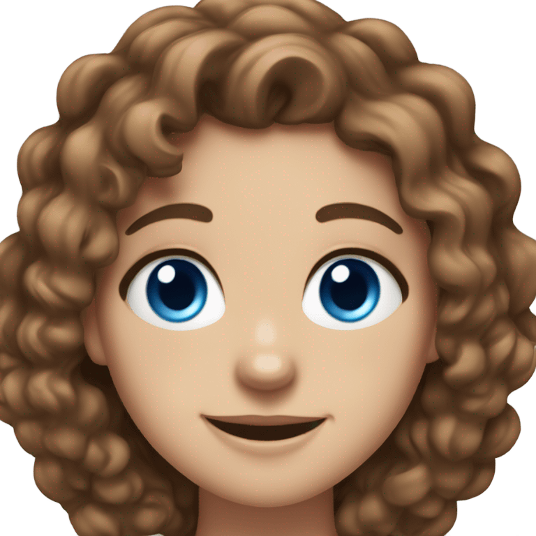 White girl, blue eyes, brown curly hair, big smil emoji