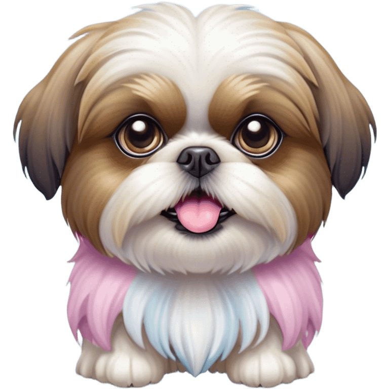 Cinematic Comical Shih Tzu Portrait Emoji, Head cocked with a hilariously exaggerated, shocked expression and twinkling, comically wide eyes, showcasing a fluffy, luxurious fur in soft pastel tones, simplified yet whimsically detailed, glowing with a playful, sassy radiance, high shine, exuding a humorous and cheeky charm, styled with a soft glowing outline, capturing the essence of a Shih Tzu that looks as if it could burst into a fit of playful antics at any moment! emoji