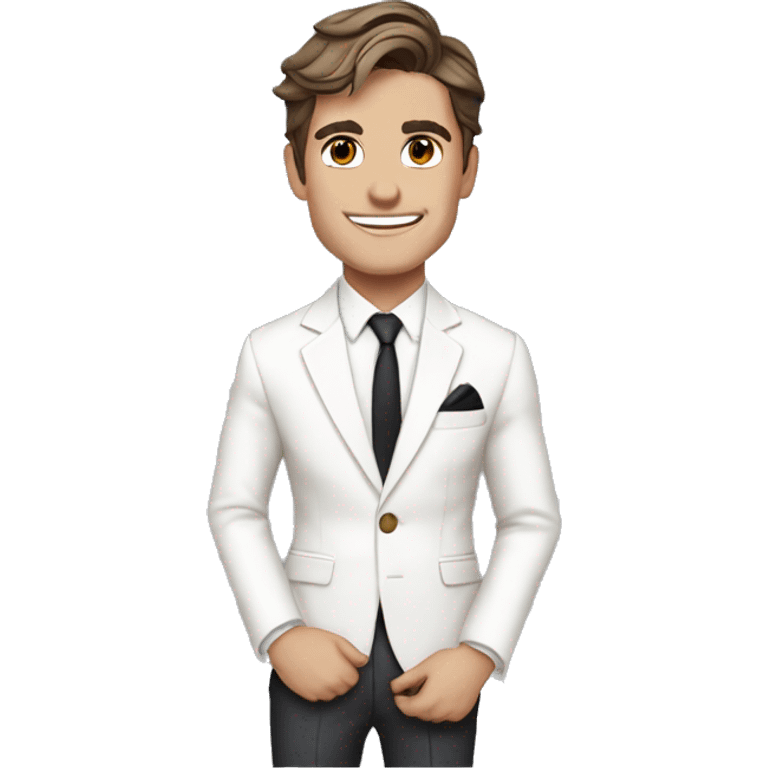 One simple, cute, emoji of Antoni Porowski from Queer Eye in a white suit and a white tie. Dark brown hair emoji