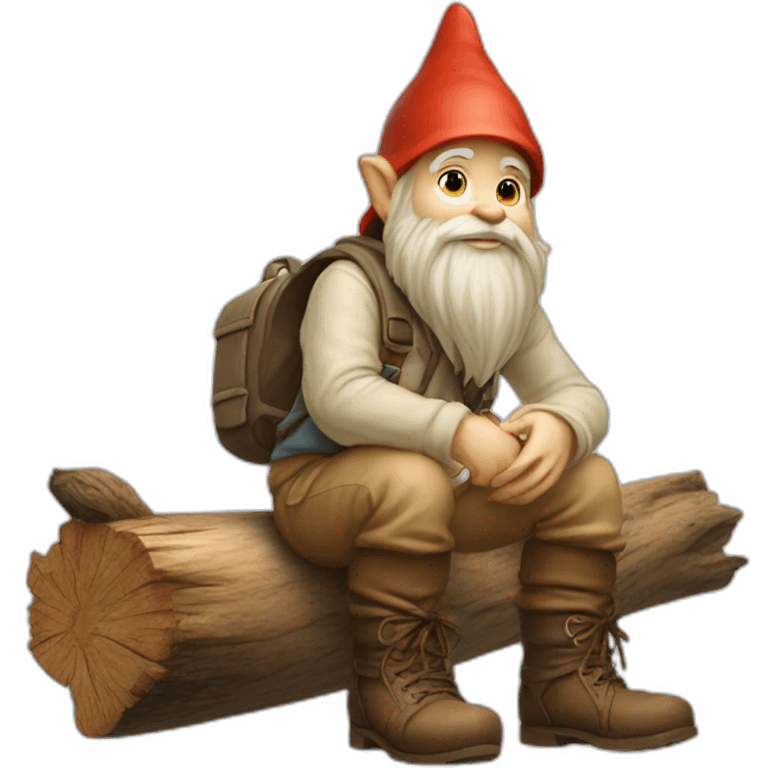 side view of gnome with light tan pants and light tan boots squatting above small brown log emoji