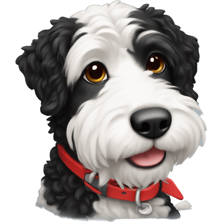 A black and white burnadoodle with a red collar  emoji